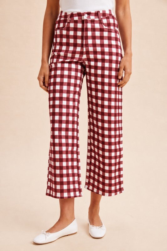 Anniewear Burgundy Gingham Wide Leg Cropped Denim Pants