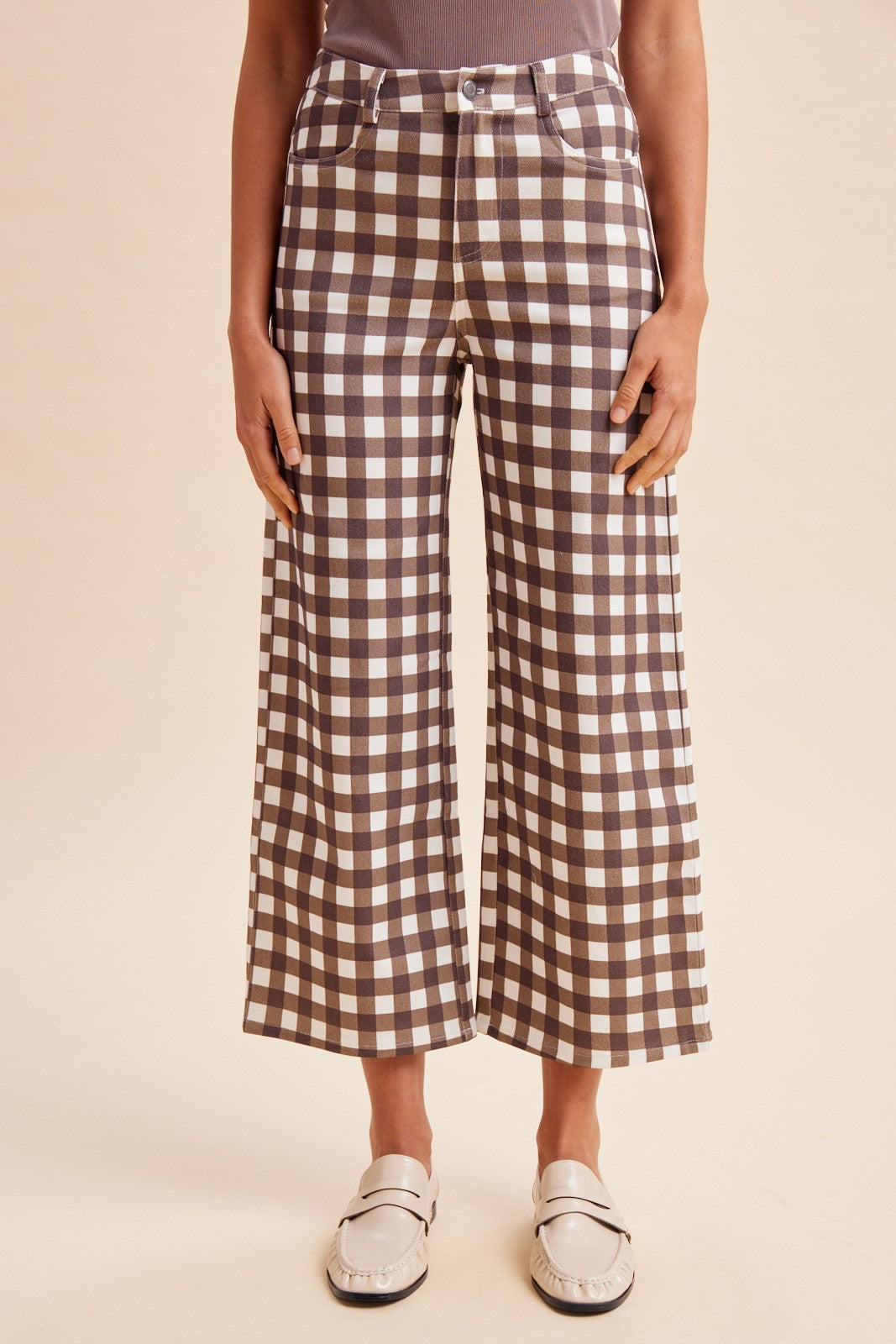 Anniewear Brown Gingham Wide Leg Cropped Denim Pants