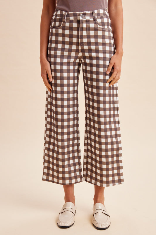 Anniewear Brown Gingham Wide Leg Cropped Denim Pants