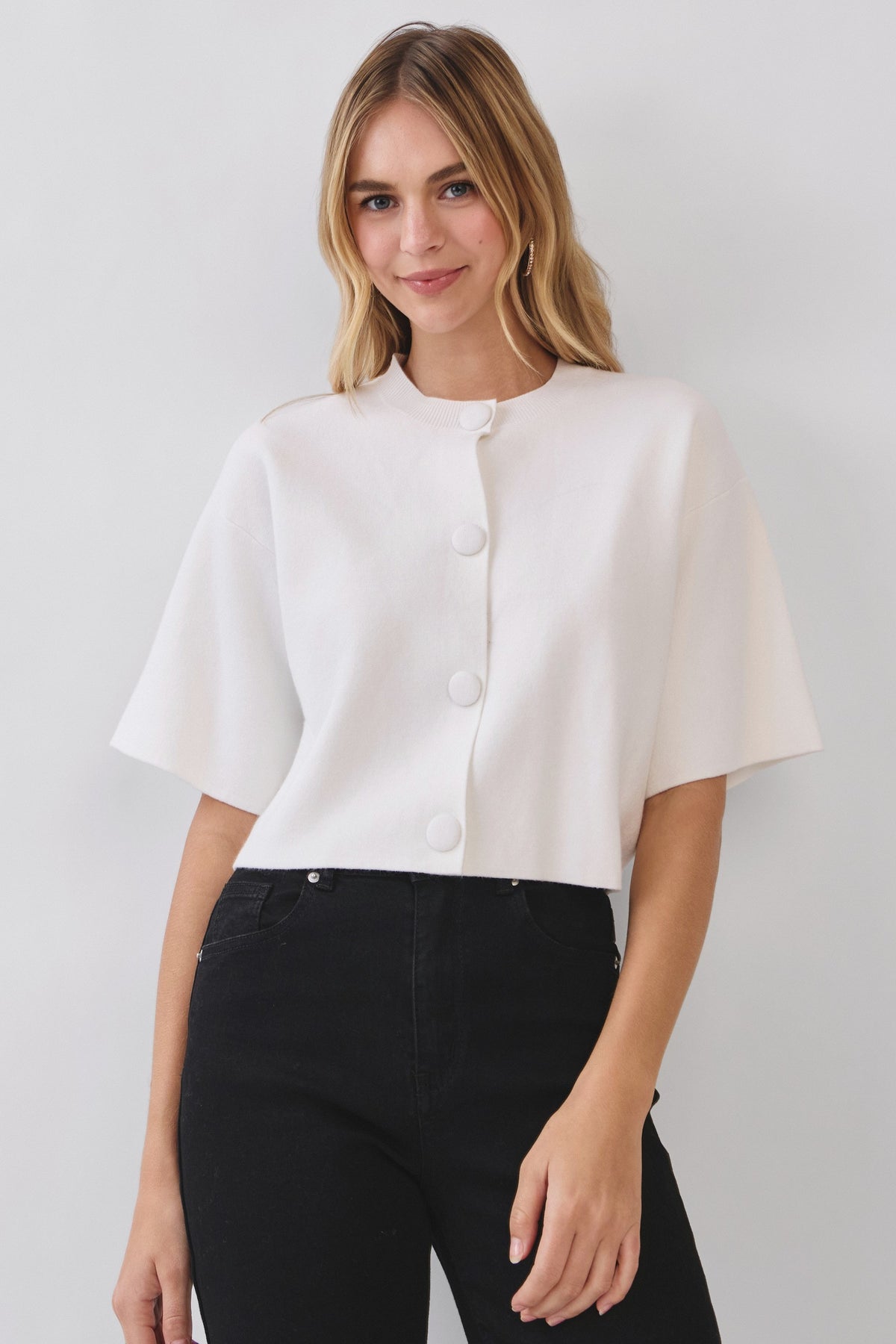 Pinch Ivory Button Down Crop Knit Sweater (7618W)