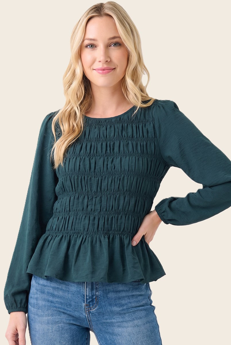 Staccato Hunter Green Smoked Bodice Peplum Top (21006)