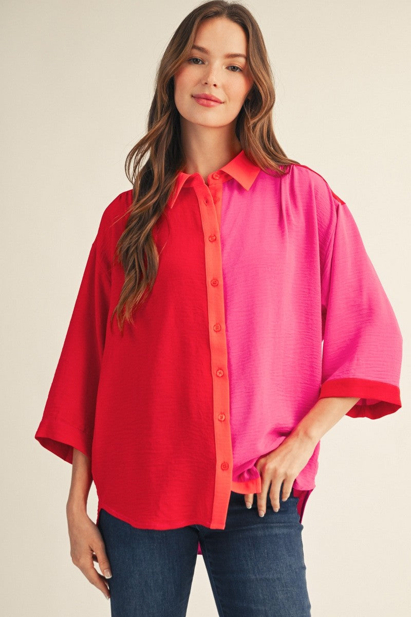 Jodifl Red/Hot Pink Color Block Top (G14500)