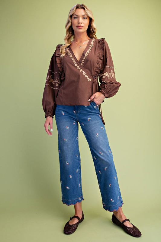 Easel Brown Wrap Embroidered Top (ST200091)