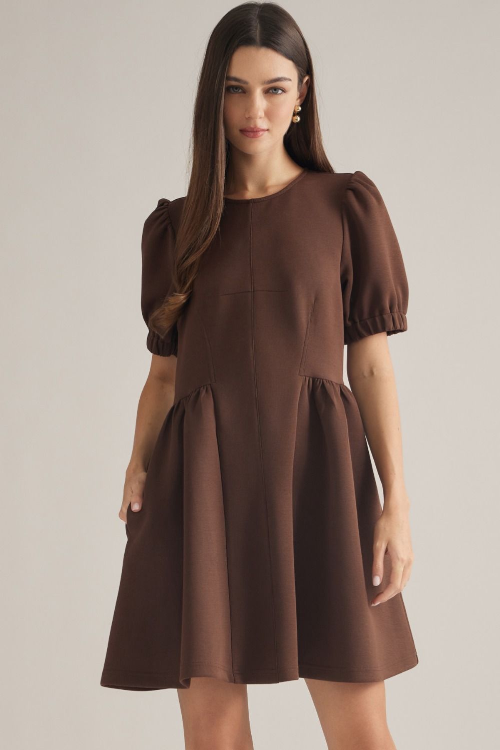 Entro Brown Puff Sleeve Mini Dress (D32963)