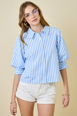 Day + Moon Blue Striped Button Down Top