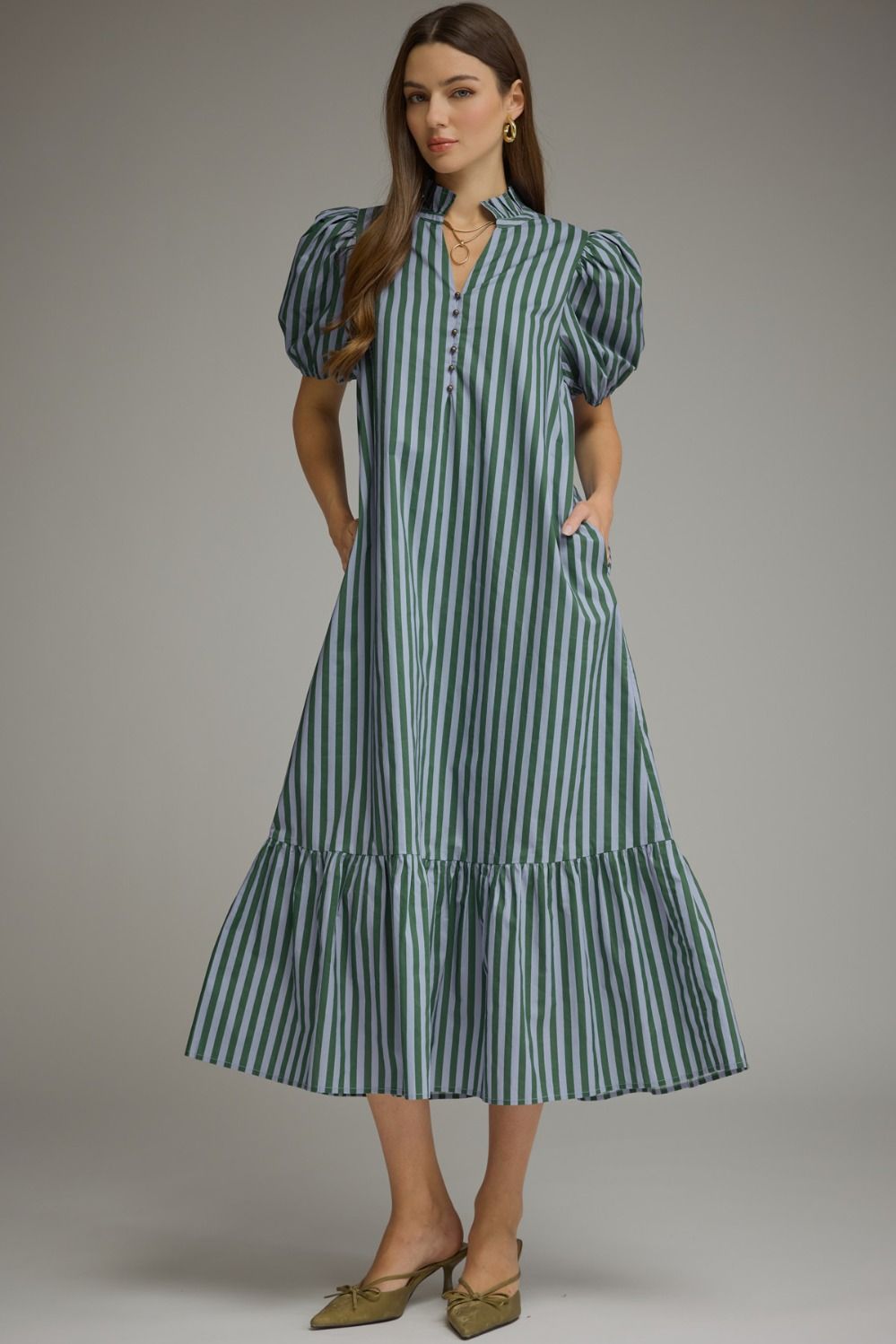 Entro Hunter Green/Blue Stripe Puff Sleeve Midi Dress (D32840)
