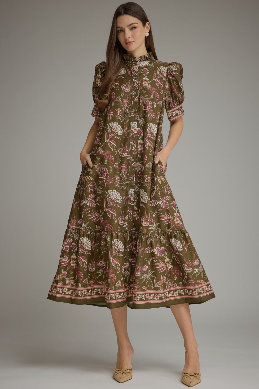 Entro Olive Floral Midi Dress (D32903)