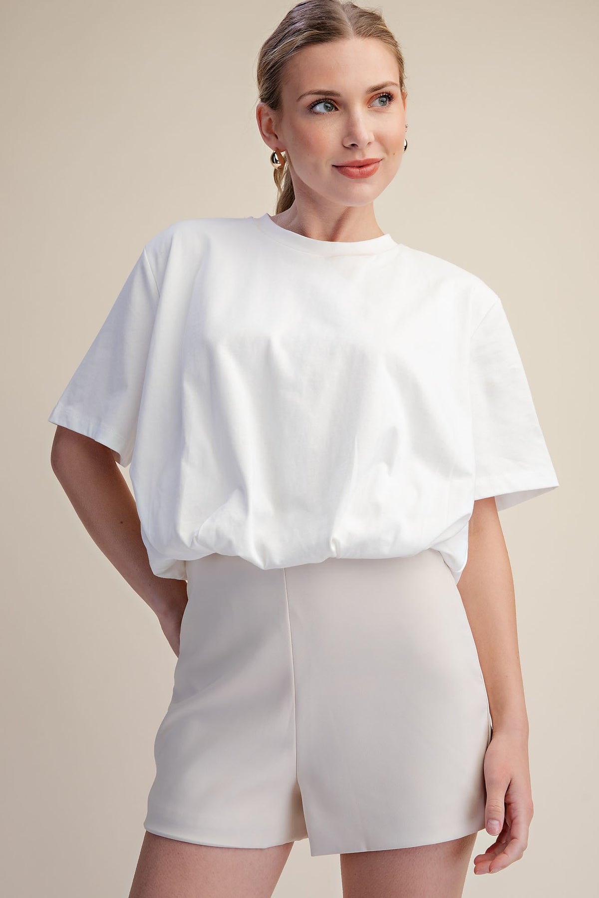 Glam White Cropped Bubble Hem Top (T9121)
