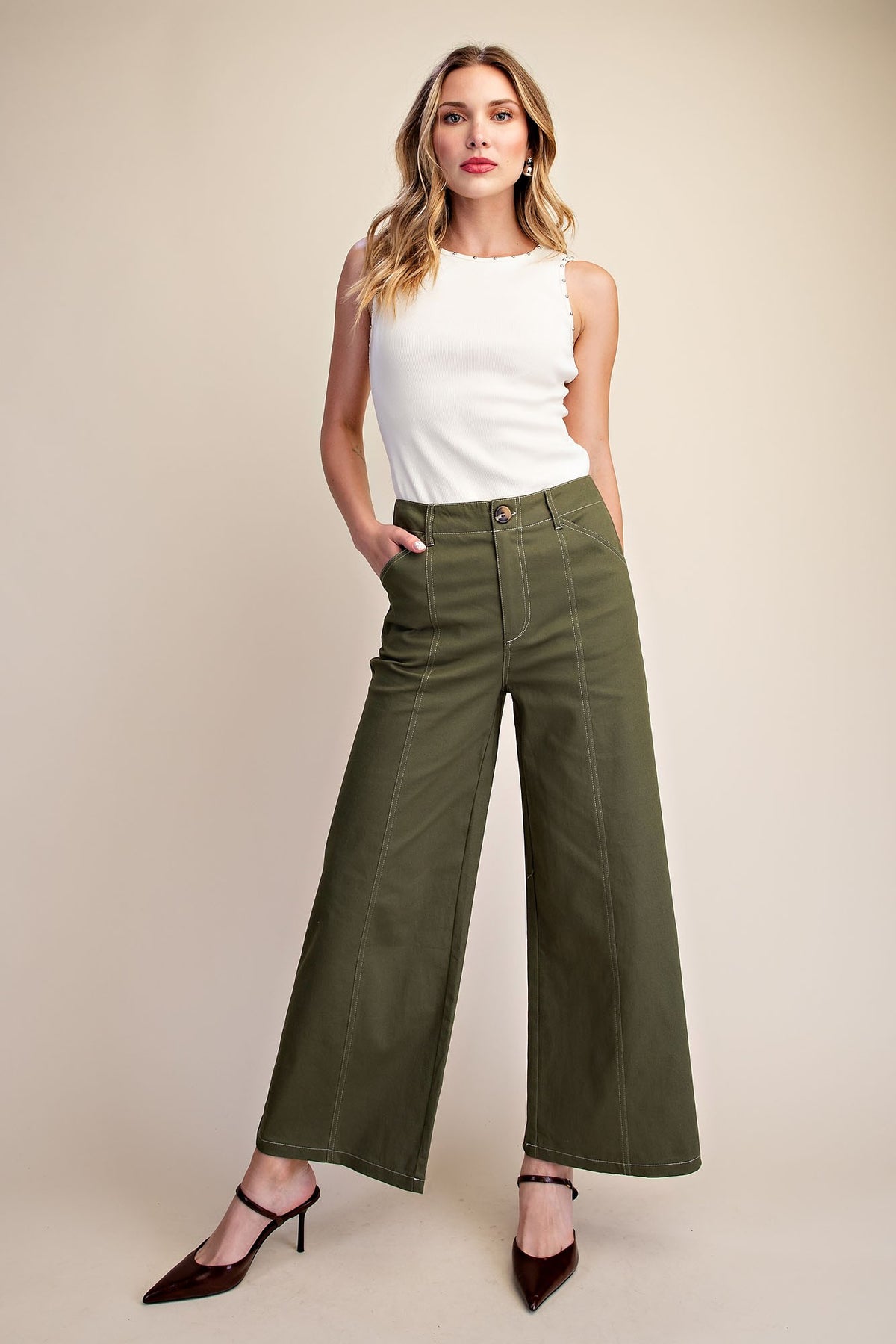 Glam Olive High Rise Stitch Seamed Stretch Wide Leg Pants (P8287)