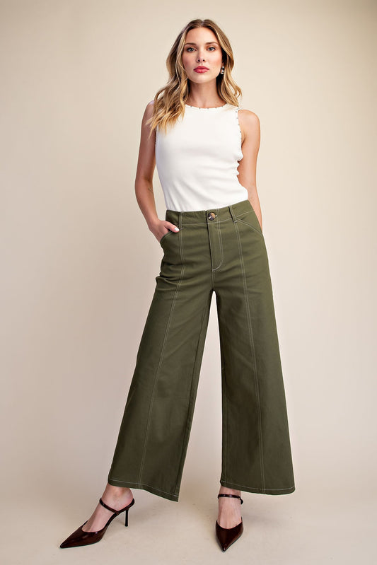 Glam Olive High Rise Stitch Seamed Stretch Wide Leg Pants (P8287)