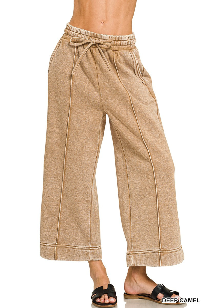 Zenana Khaki Acid Washed Wide Leg Cropped Pants (OPW-4603Y)