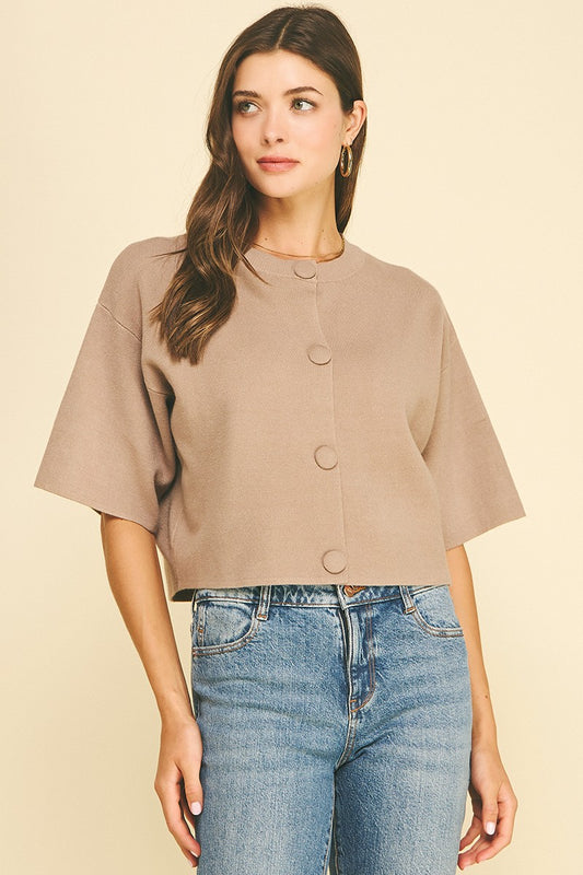 Pinch Mocha Button Down Crop Knit Sweater (7618W)