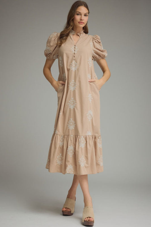 Entro Latte Botanical Embroidery Midi Dress (D30221)