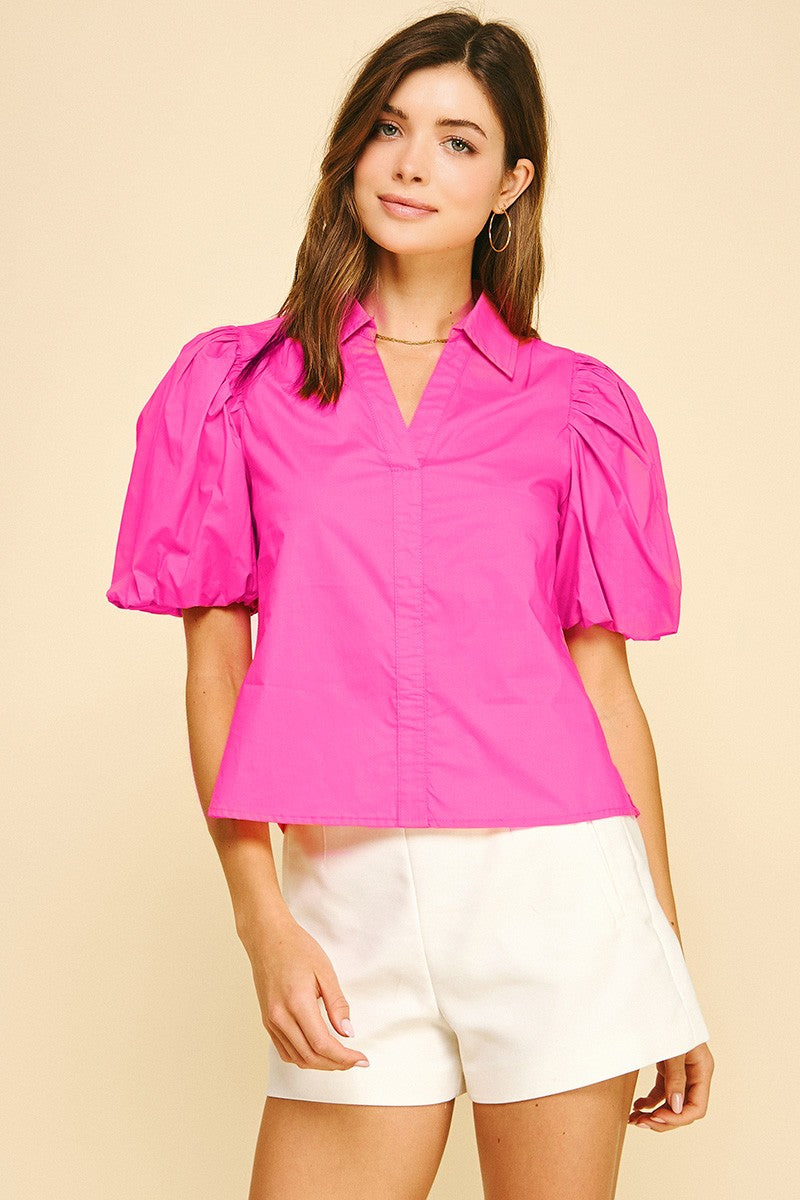 Pinch Hot Pink Bubble Sleeve Top (5707TB)