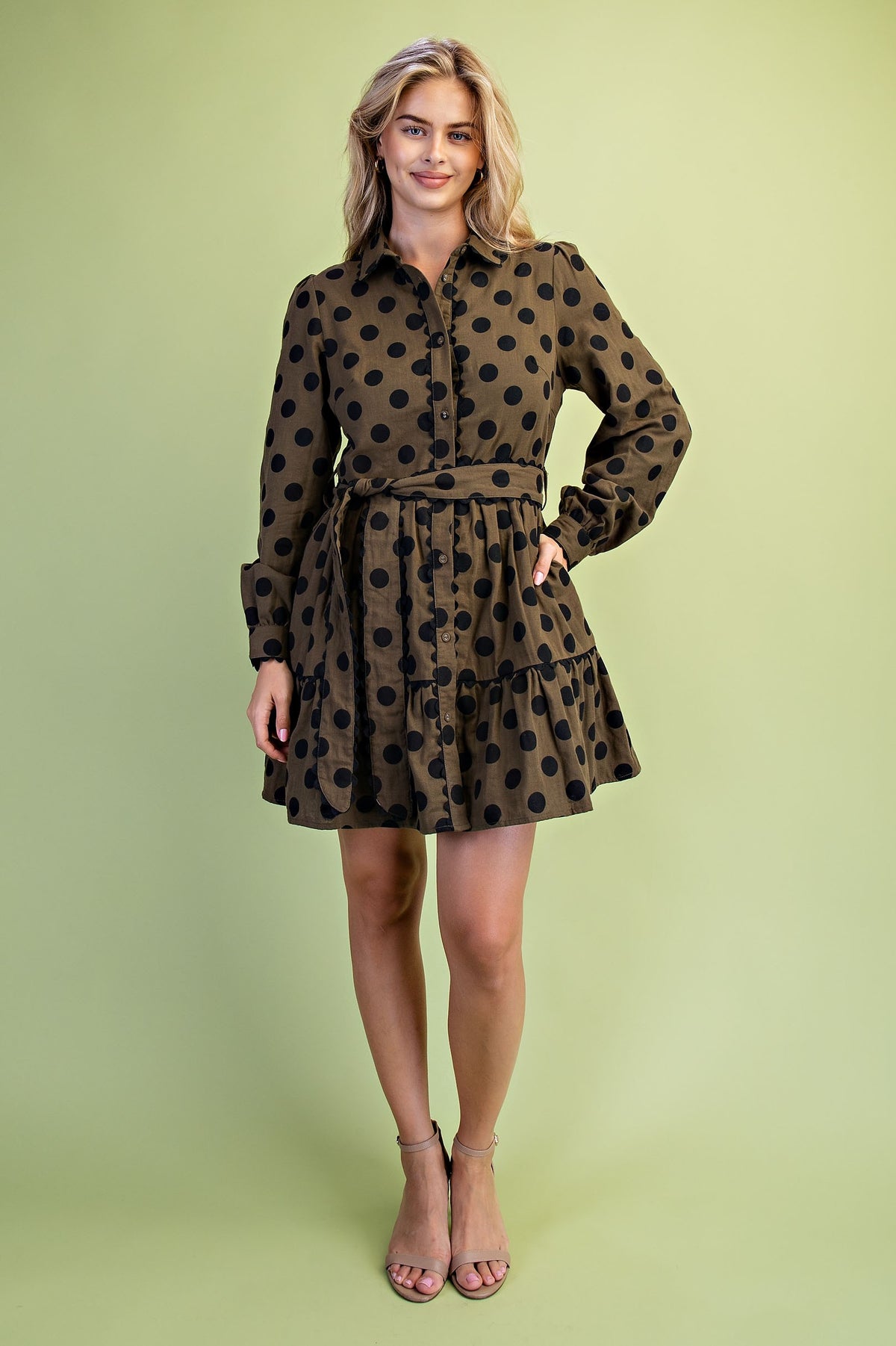 GiGio Olive/Black Polka Dot Tiered Dress (TD1090)