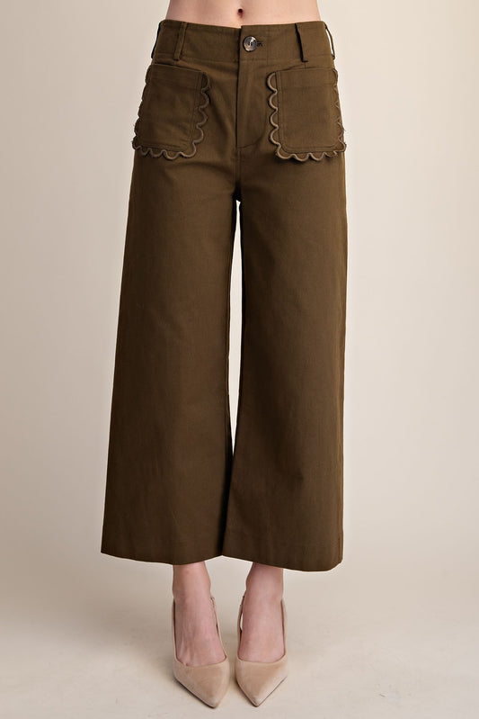 Glam Olive Colette Cropped Wide-Leg Scallop Pants (P9259)