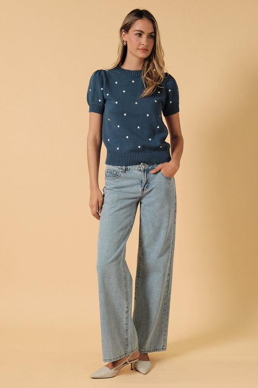 Sunday Edition Blue/White Polka Dot Short Sleeve Sweater