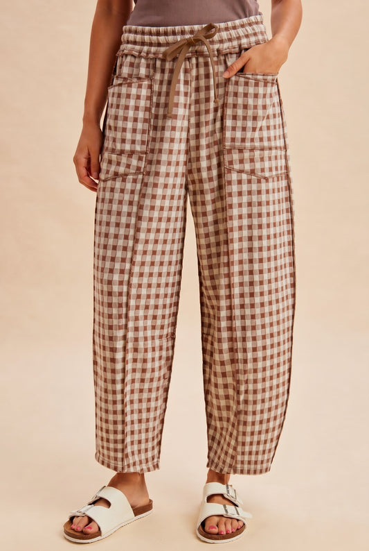 Anniewear Mocha Gingham Barrel Utility Pants