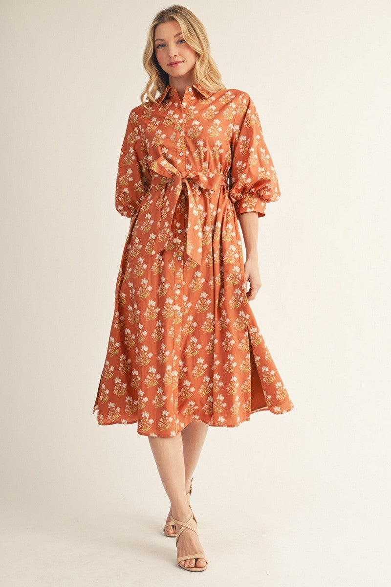 Jodifl Toffee Button Down Floral Midi Dress (H51154)
