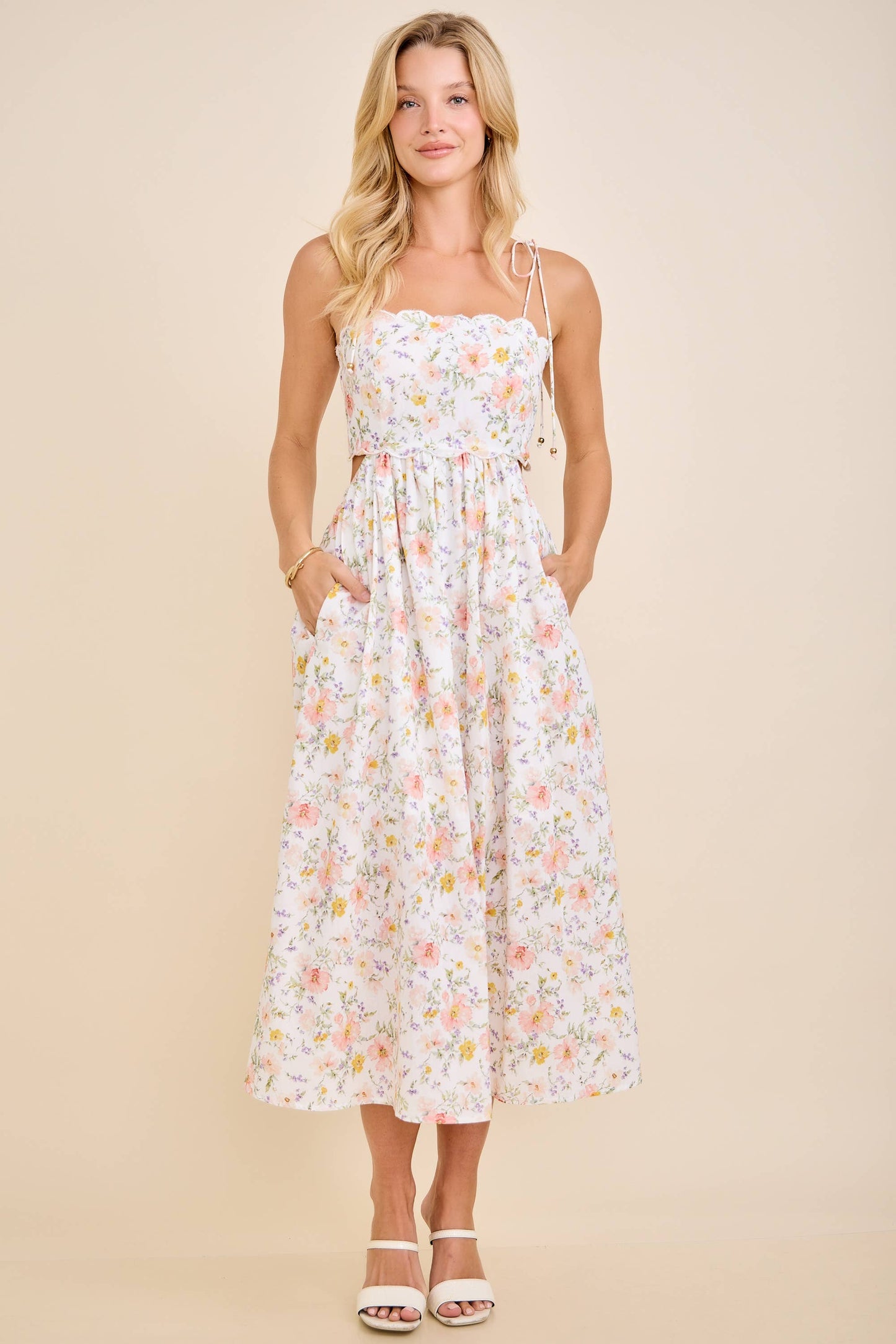 Main Strip White Scallop Edge Tie Shoulder Floral Midi Dress
