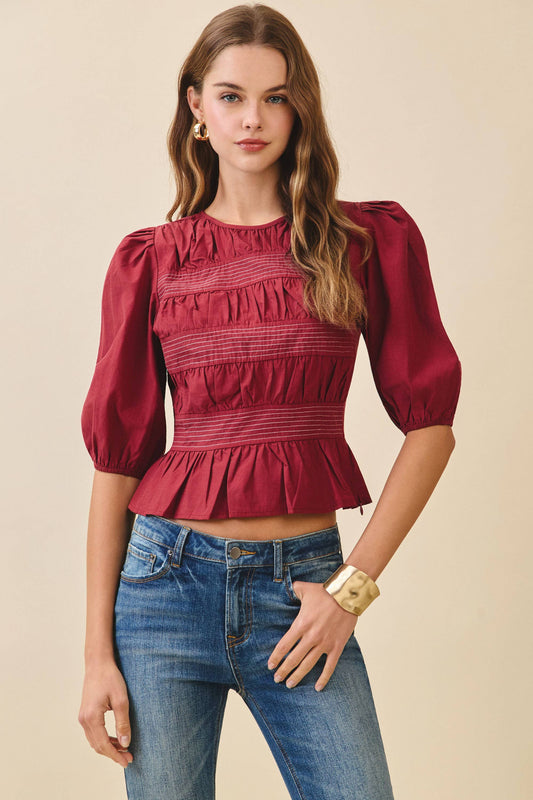 TCEC Horizontal Ruched Detail Back Keyhole Peplum Top