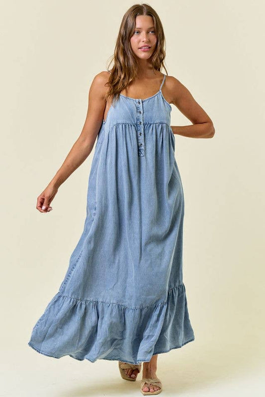 Doe & Rae Chambray Tiered Ruffled Skirt Midi Dress - 28028D