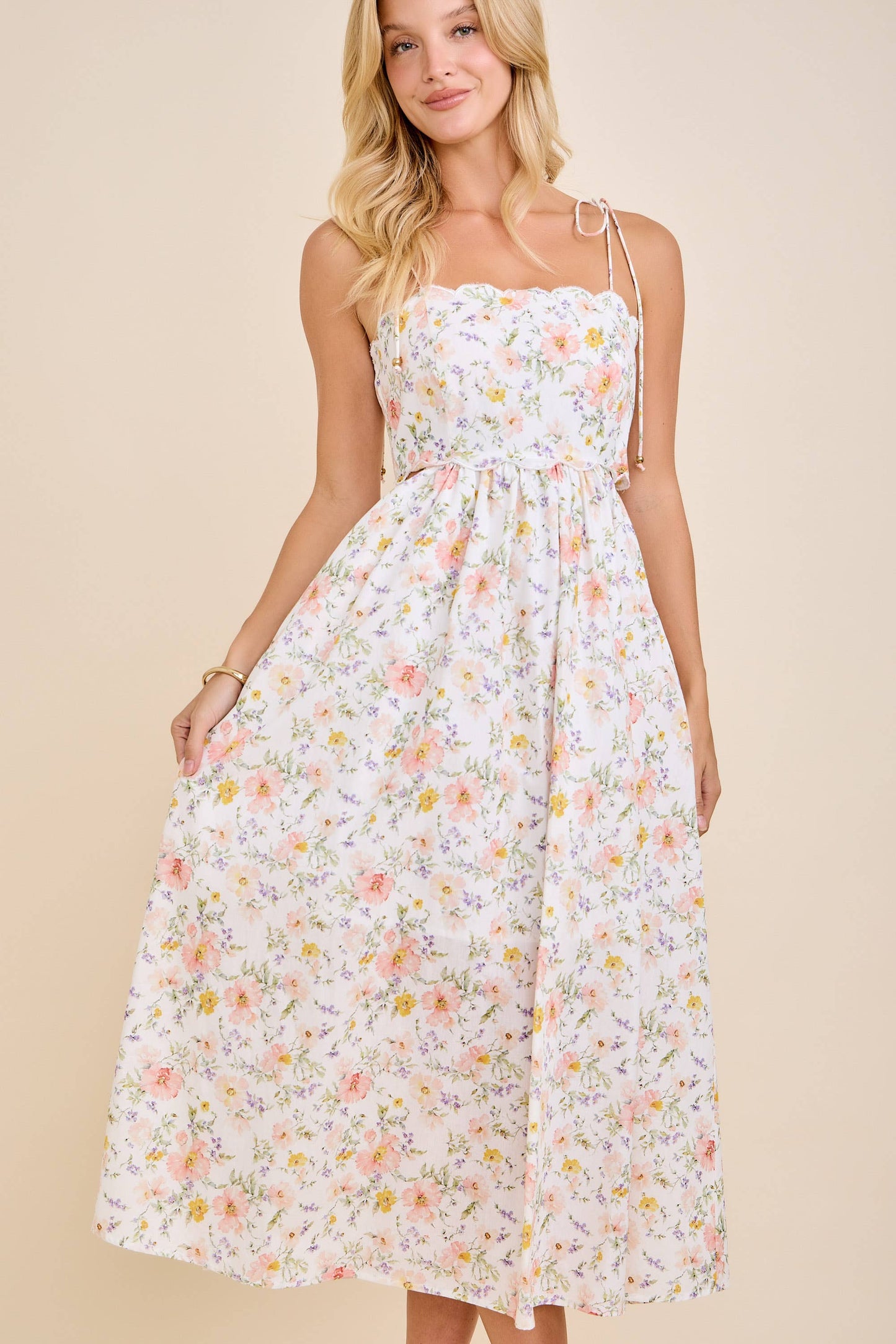 Main Strip White Scallop Edge Tie Shoulder Floral Midi Dress