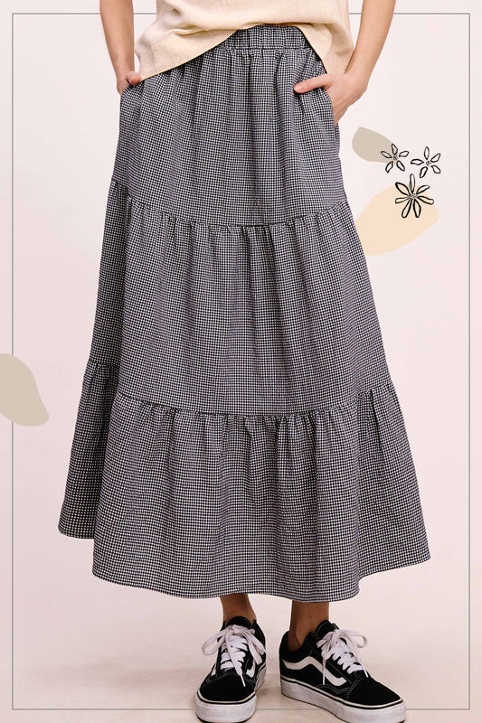 La Miel Gingham Tiered Maxi Skirt With Side Pockets