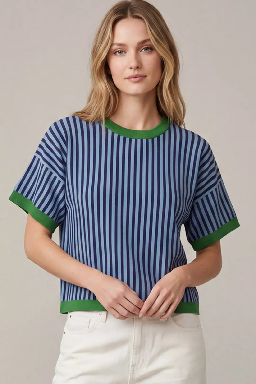 She + Sky Blue/Green Striped Short Sleeve Sweater (ST2102)