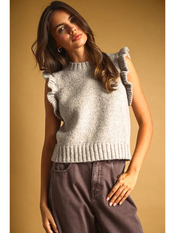 Miou Muse Oatmeal Ruffled Sleeve Sweater