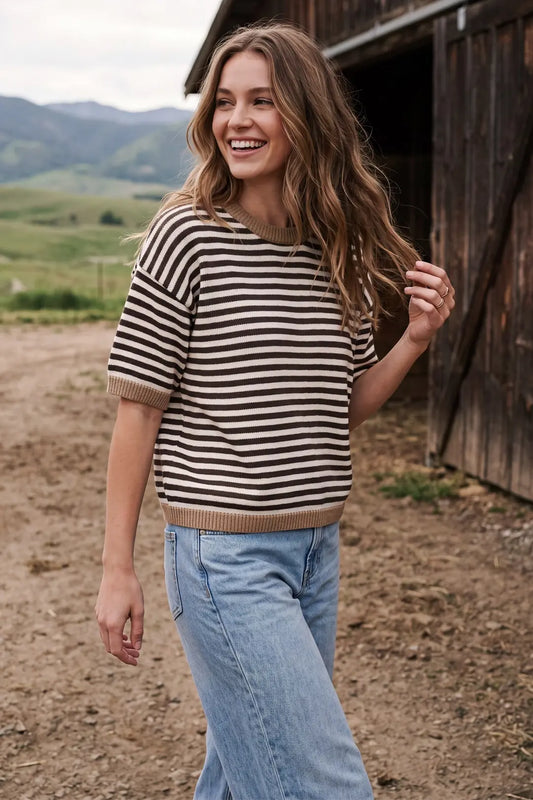 She + Sky Brown/Cream Striped Sweater (ST2241)