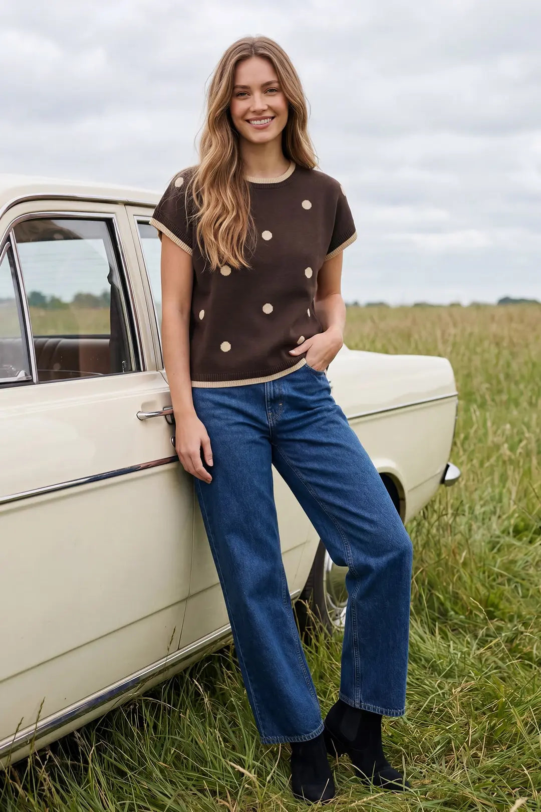 She + Sky Brown Polka Dot Sweater