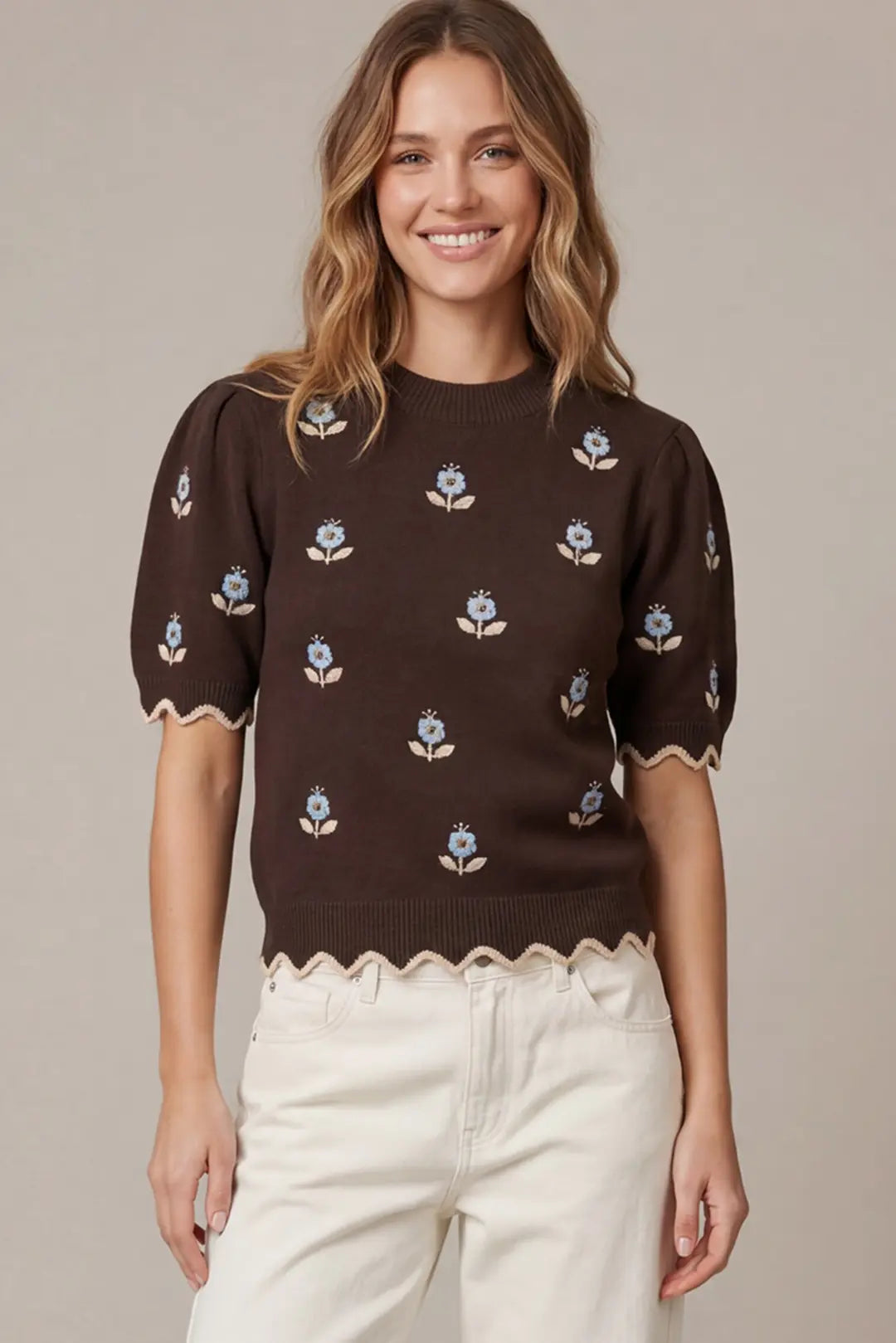 She + Sky Brown Flower Embroidery Sweater (ST1995)