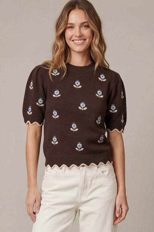 She + Sky Brown Flower Embroidery Sweater (ST1995)