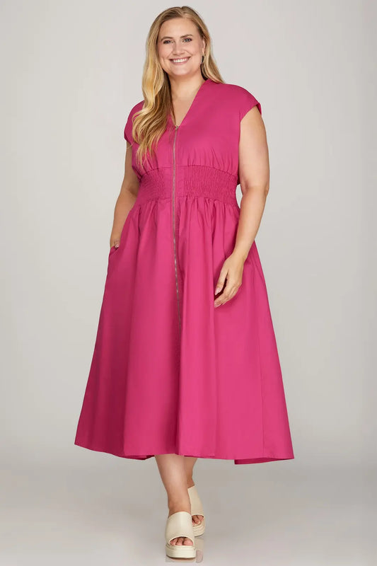 She + Sky Fuchsia Zipper Midi Dress