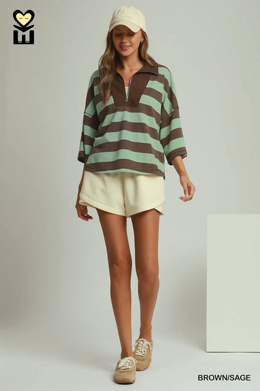 Umgee Brown and Sage Stripe Top (H1271)