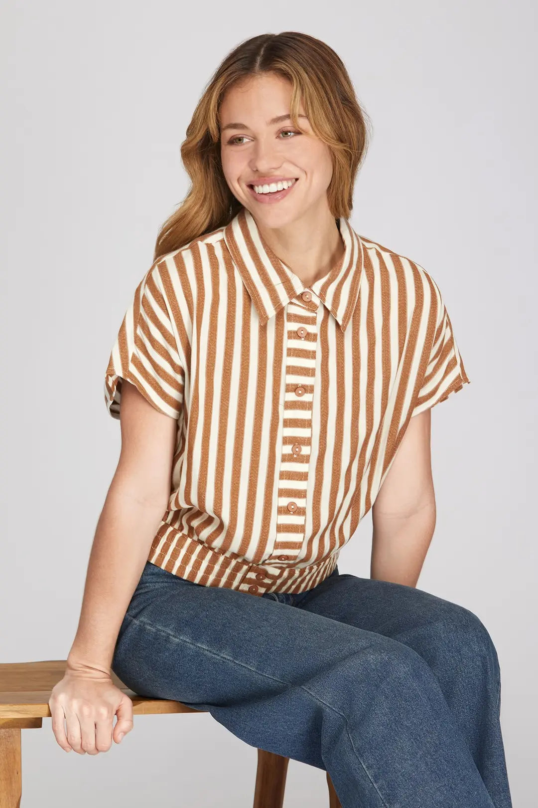 She + Sky Caramel Striped Button Down Crop Top (ST1771)