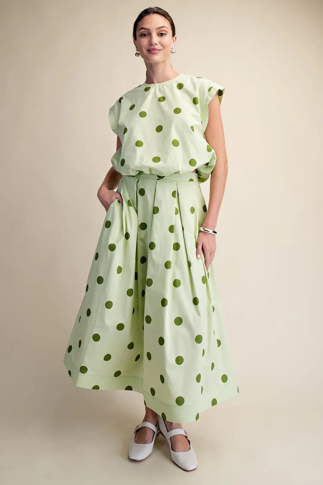 Glam Sage Polka Dot Bubble Top and Skirt Set