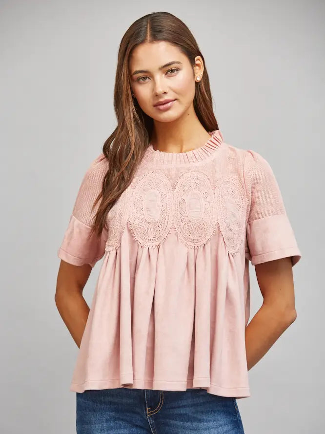 Fate Pink Suede Mesh Applique Top
