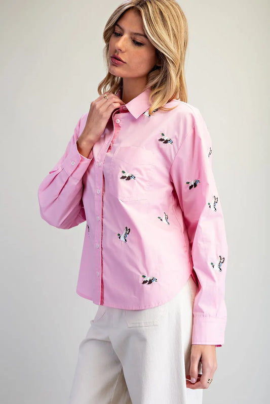 ee:some Pink Embroidered Mallard Duck Shirt (TH17285)