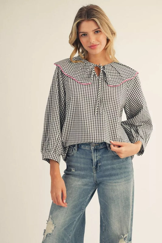 Jodifl Black Gingham Peasant Top