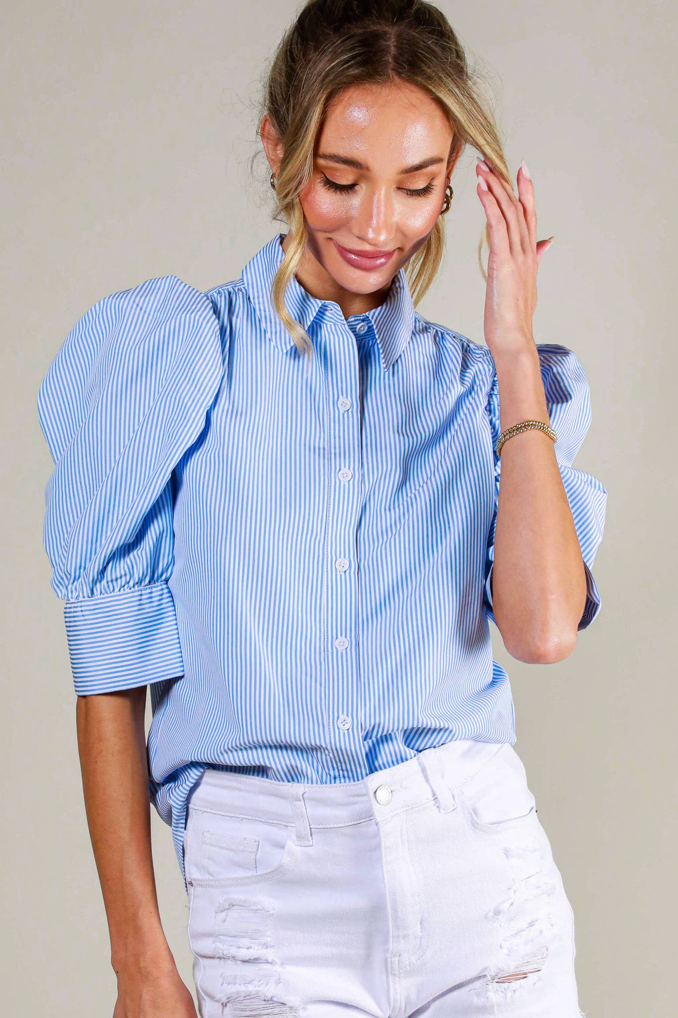 Vine & Love Collared Neck Short Puff Sleeve Striped Blouse Blue