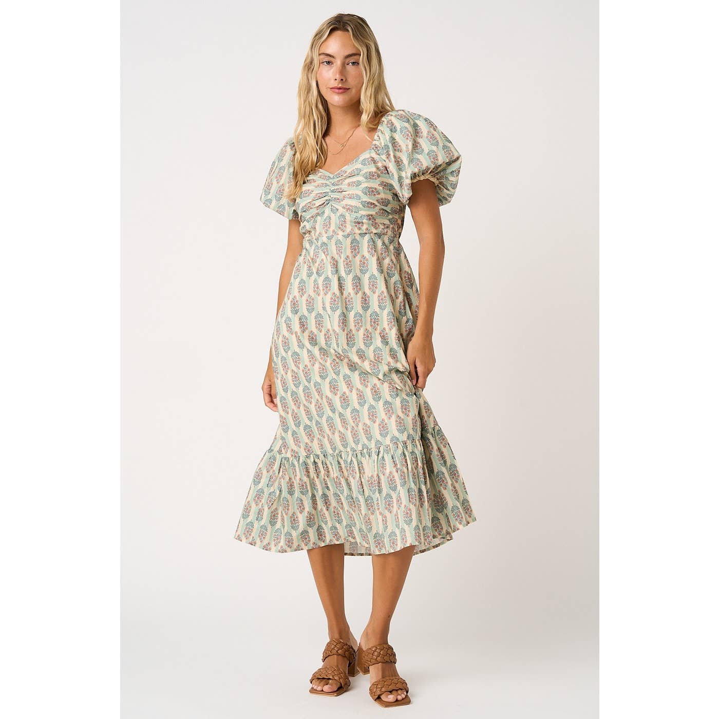 FLORAL STRIPED PRINT PUFF SLEEVE MIDI DRESS