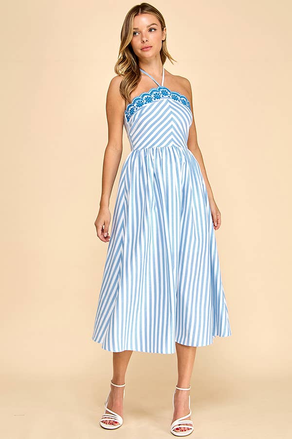 Baby Pink White/Pink Scalloped Halter Midi Dress