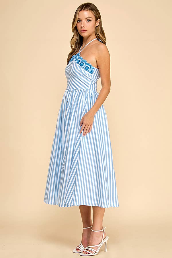 Baby Pink White/Pink Scalloped Halter Midi Dress