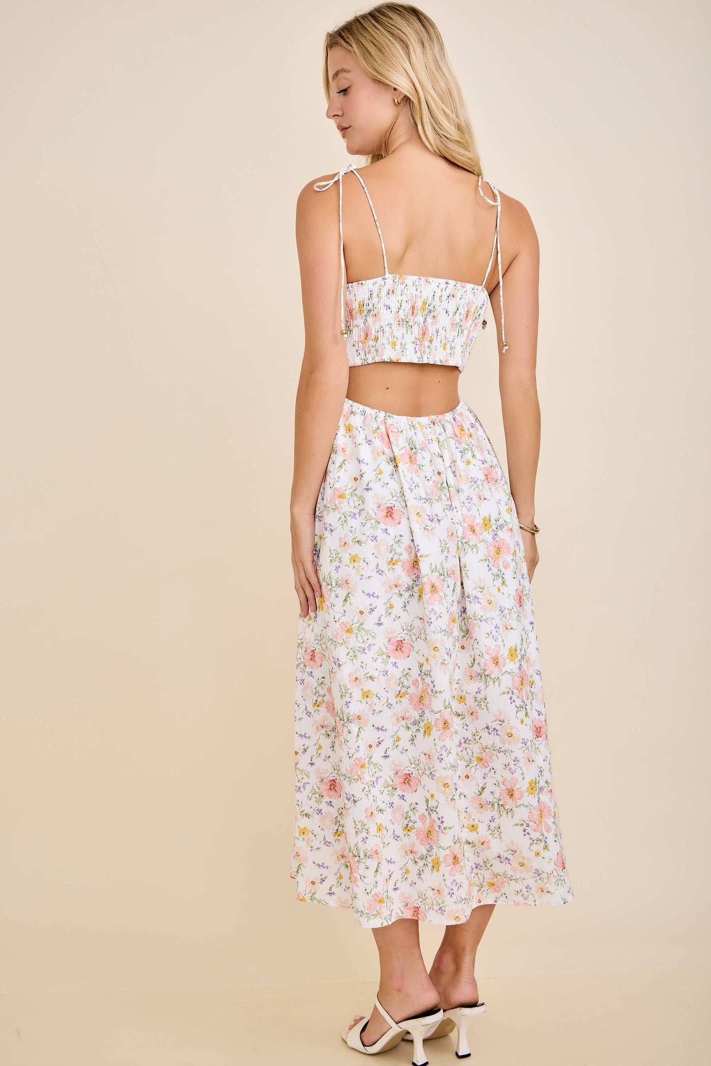 Main Strip White Scallop Edge Tie Shoulder Floral Midi Dress