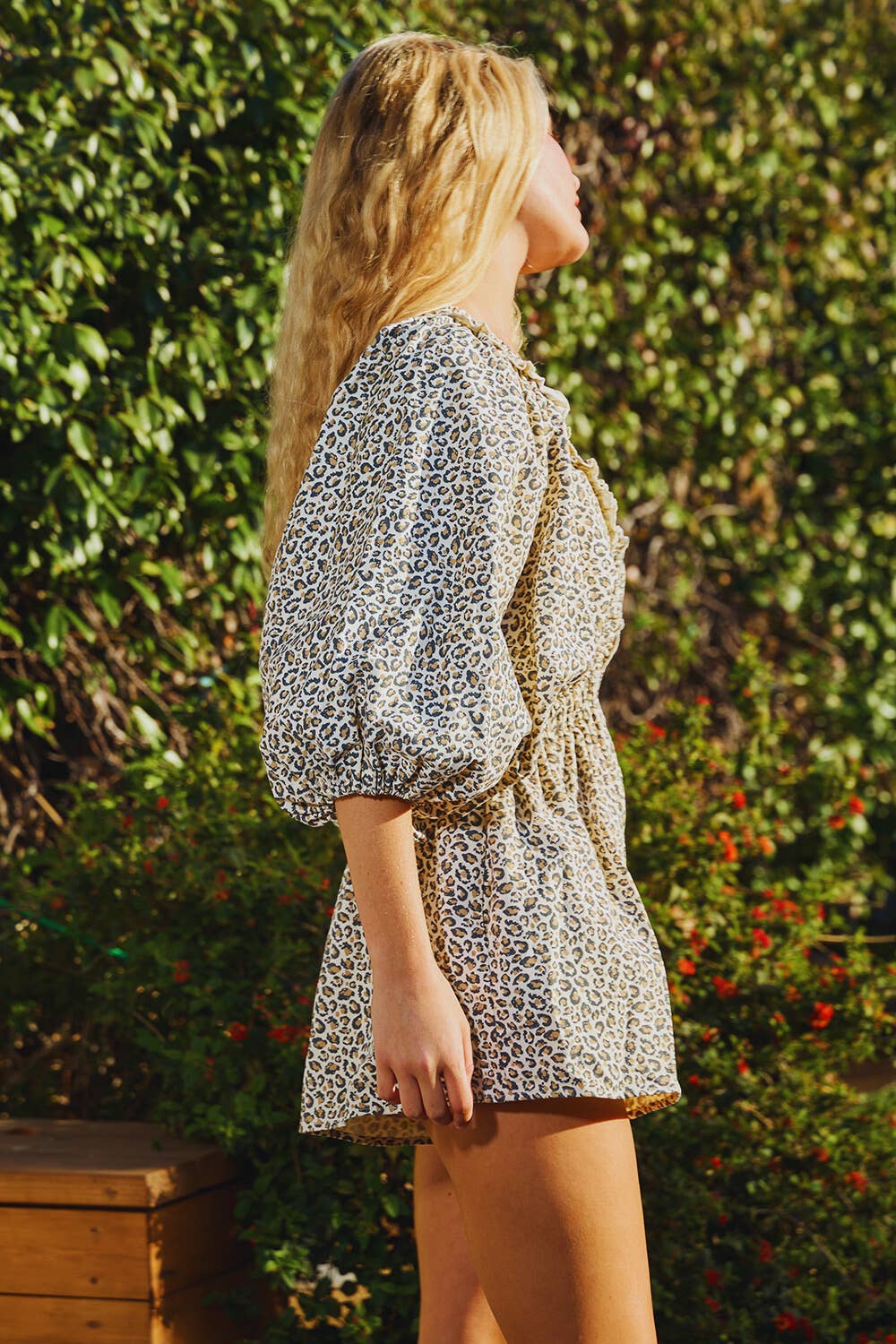 Bucketlist Smocked V-neck Ruffled Leopard Print Romper