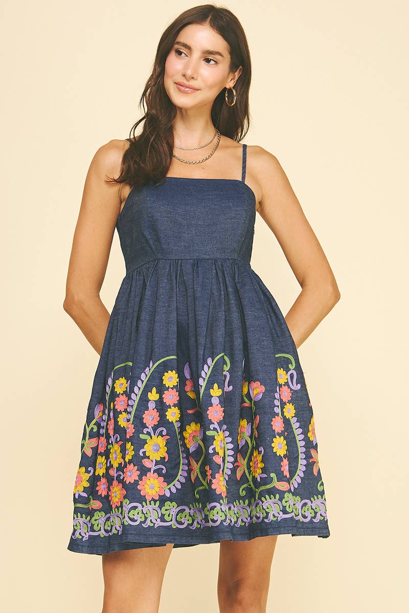Pinch Denim Mini Dress with Floral Embroidery
