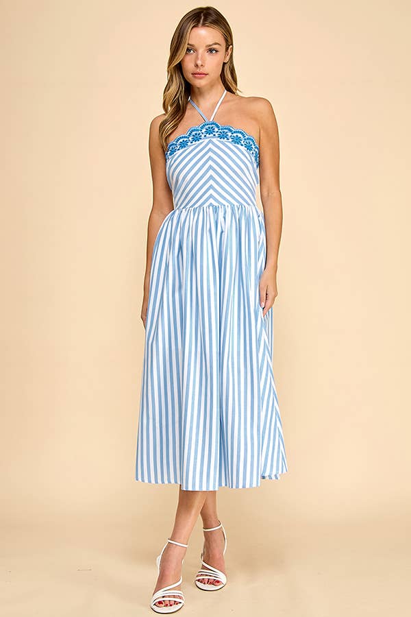 Baby Pink White/Pink Scalloped Halter Midi Dress