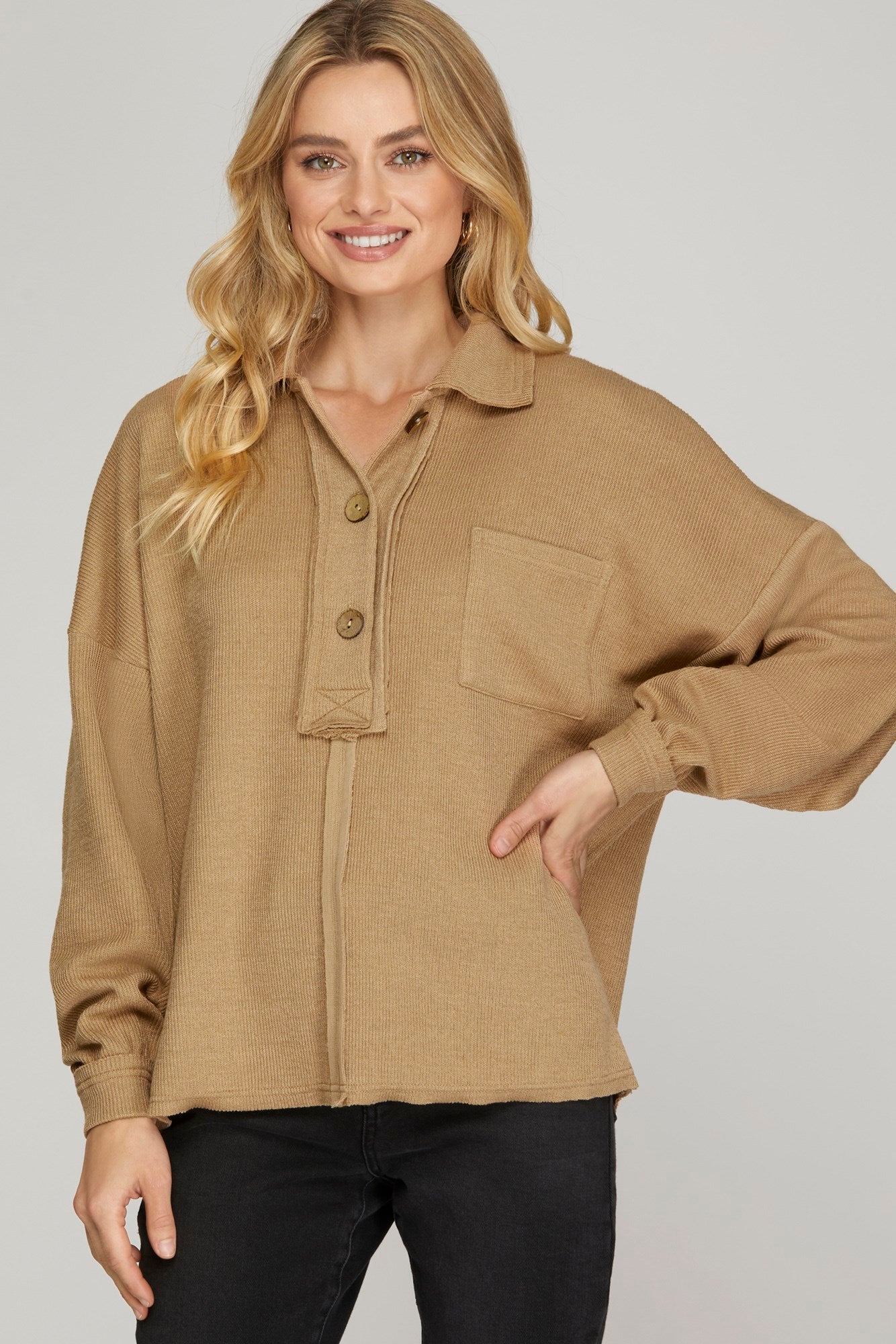 Long Sleeve Drop Shoulder Button Up Top